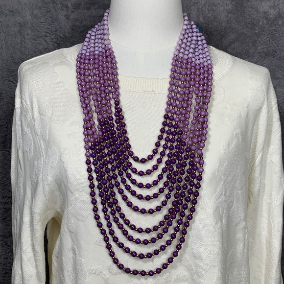 Multi-Strand Purple Ombre Beaded Statement Necklace Gold Tone Adjustable - Picture 1 of 4